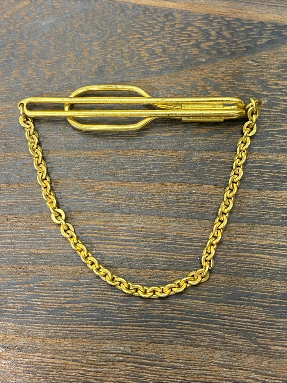Vintage Gold-Tone Chain Tie Bar Clip Double Bar Oval Men’s